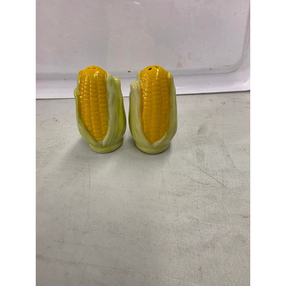 Vintage Corn on the Cob Ceramic Salt and Pepper Shakers Set Yellow Green Glossy
